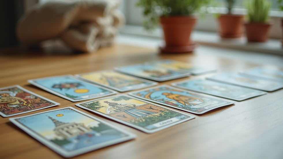 Close-up view of tarot cards laid out on a table
