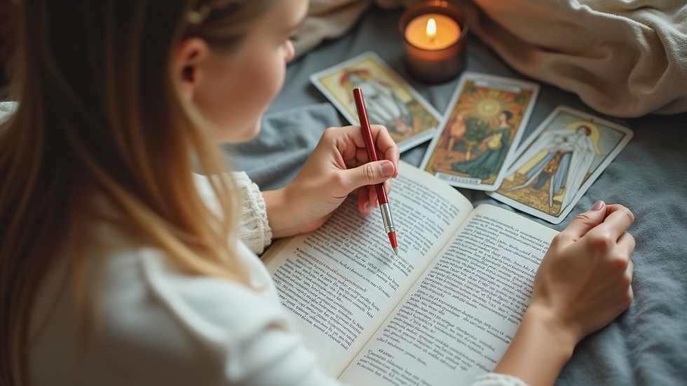 High angle view of a person journaling next to tarot cards