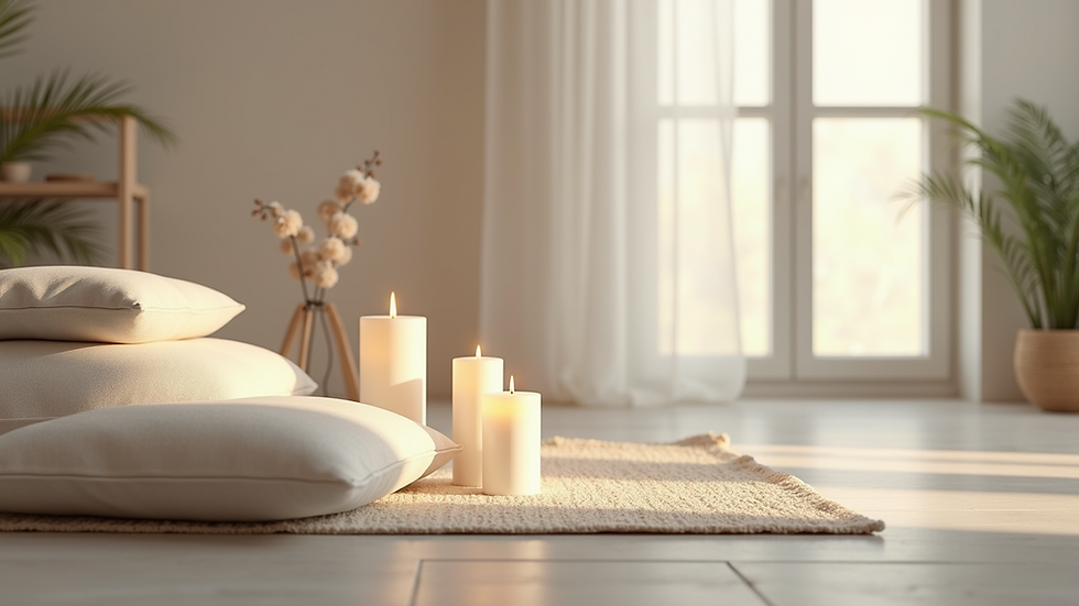 Eye-level view of a peaceful meditation corner with candles and cushions