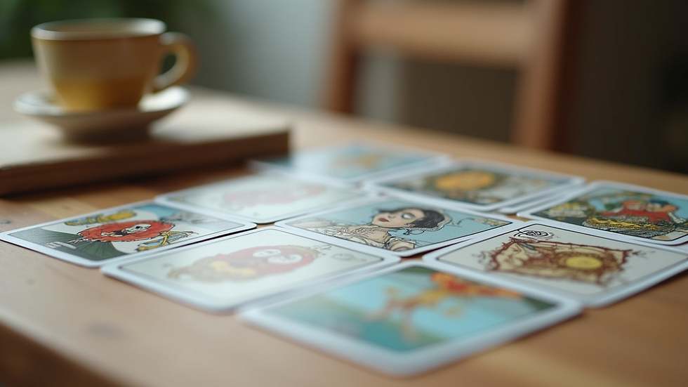 Close-up view of tarot cards spread on a wooden table