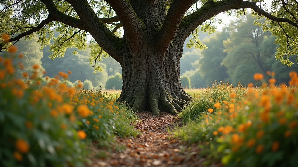 Eye-level view of a mature tree surrounded by diverse flora