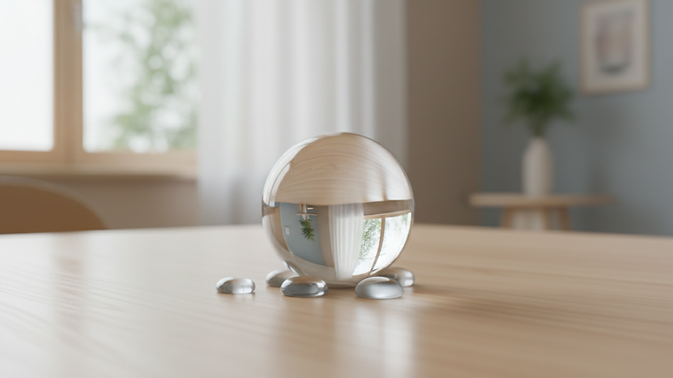 Eye-level view of a crystal ball on a wooden table
