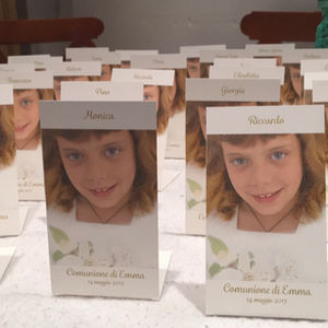 La Comunione: piccoli inviti da distribuire su diversi canali, stampa e Telefono; si può realizzare un sito web temporaneo solo per l'evento e raccogliere anche le fotografie degli invitati. Marina Bertozzi Nya Design