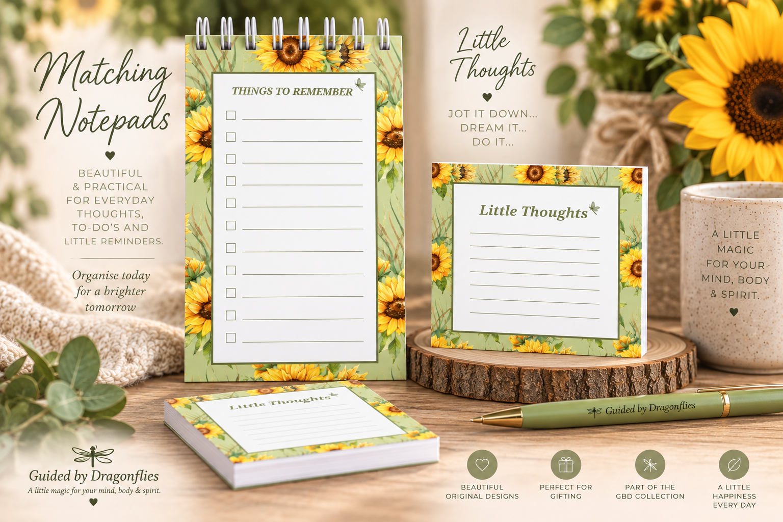 My Sunflower stationery Collection featuring spiral-bound notepad, matching writing pad by Guided by Dragonflies