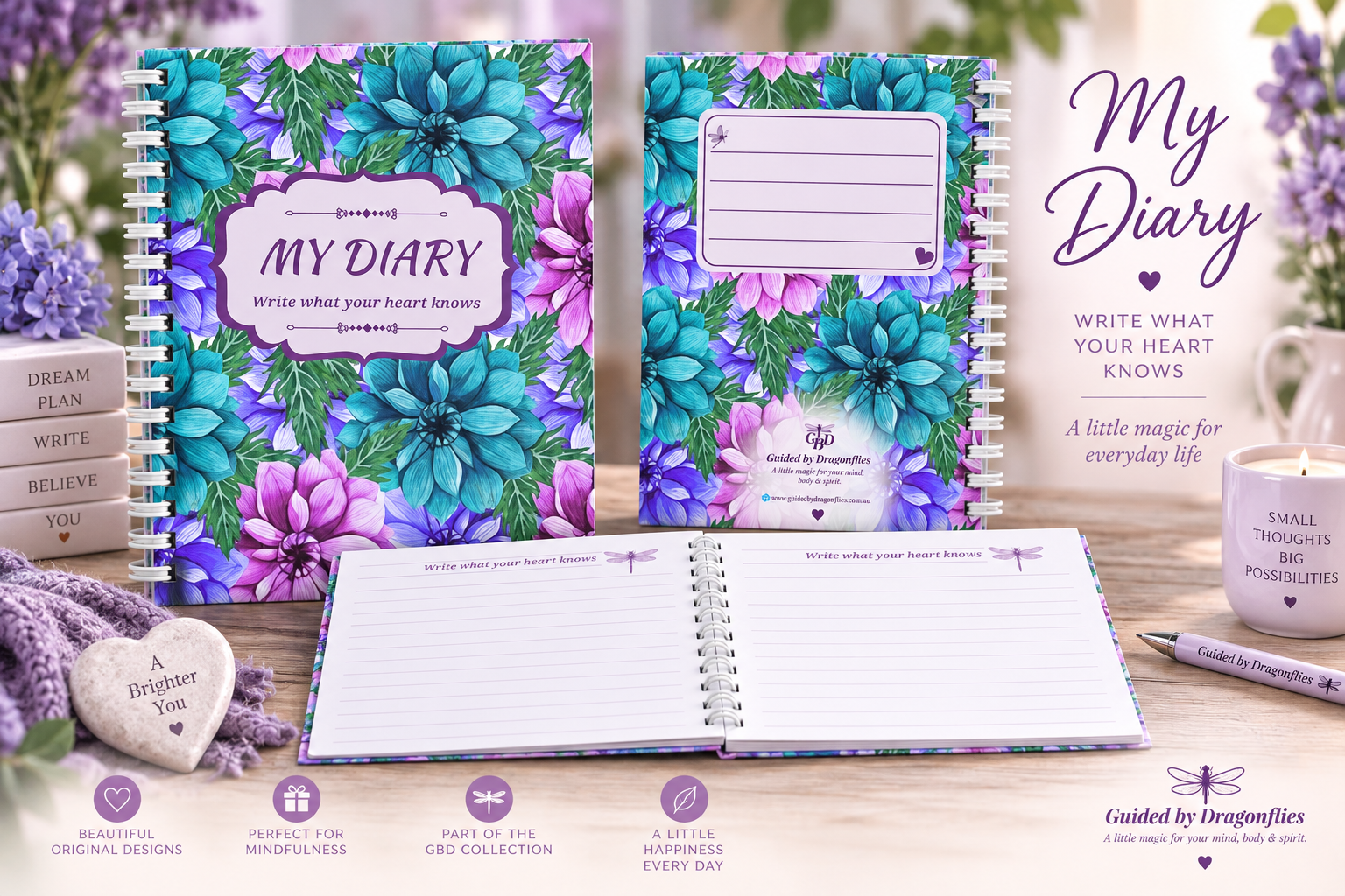 My Diary Collection 60-page spiral-bound Journal with Free matching bookmark by Guided by Dragonflies