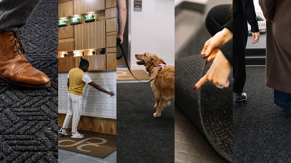Eye-level view of a clean office entrance with a dark executive mat