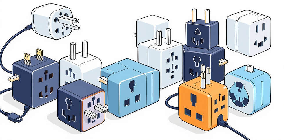 Close-up view of European travel adapters and voltage converters on a wooden surface
