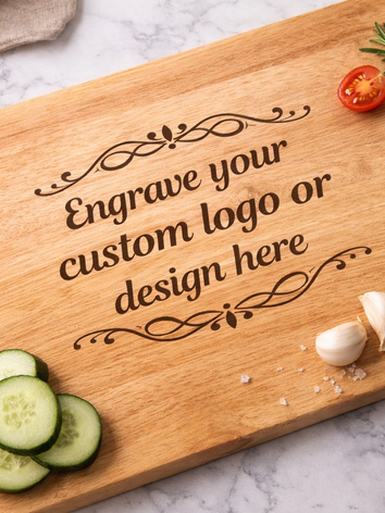 Custom engraved wooden cutting board with personalized logo design, rustic kitchen décor and gift cutting board