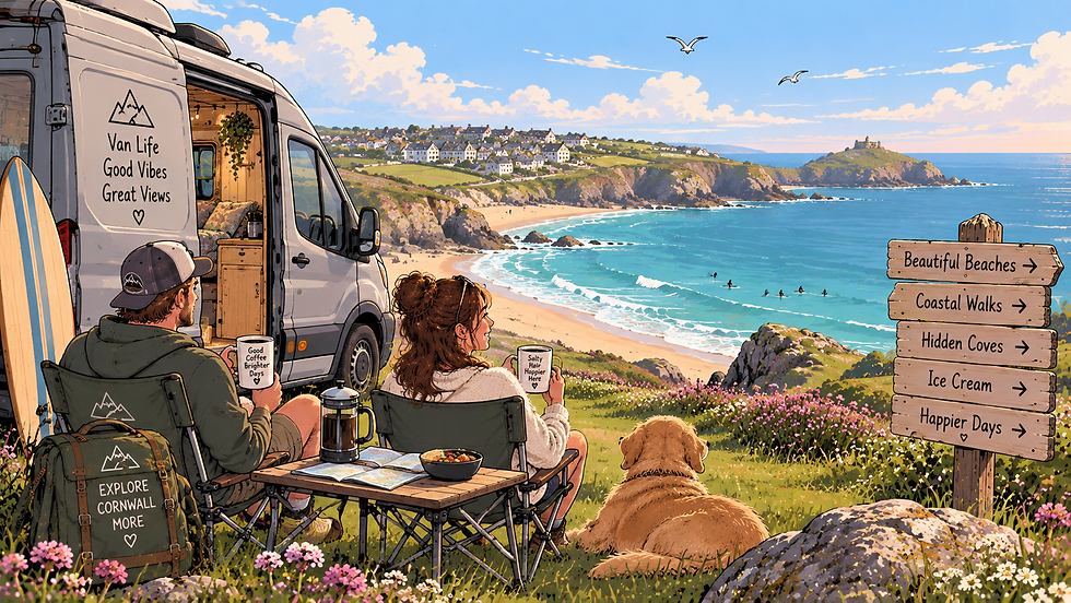 Pastel illustration of a self-build Ford Transit campervan overlooking a sunny Cornish beach and turquoise sea.
