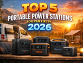 Top 5 portable power stations for van life in 2026 displayed beside a campervan at sunset