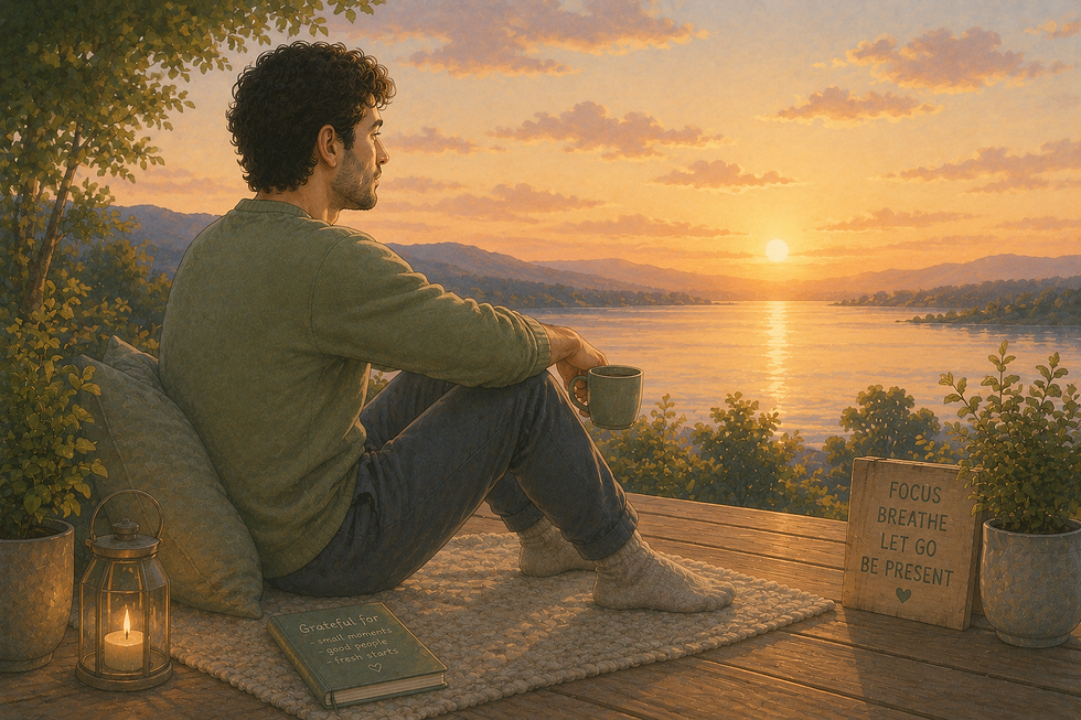 Illustrated man peacefully watching a sunset in soft pastel colours, reflecting calmly and enjoying a moment of quiet perspective and peace.