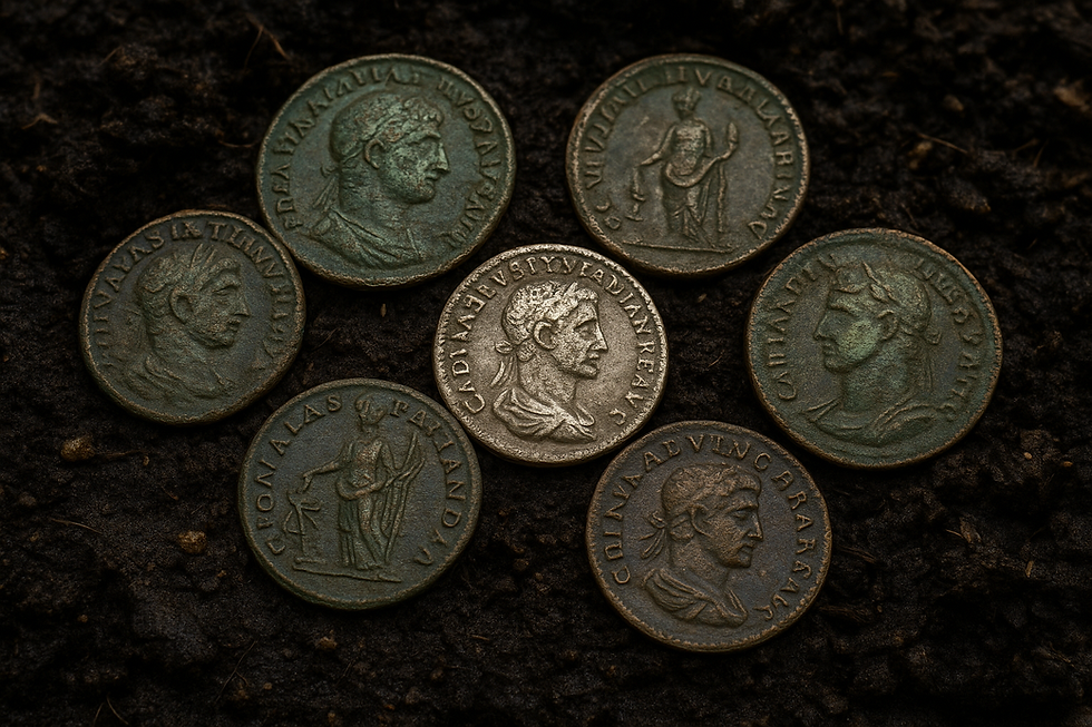 Seven ancient coins with engraved profiles and Latin text lie on dark soil, showcasing various greenish and silver hues.