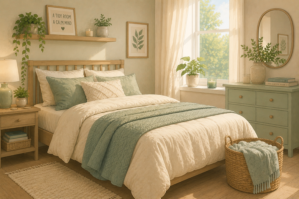 Illustrated tidy bedroom with soft pastel colours, neatly arranged furnishings, natural light and a calm, relaxing atmosphere.