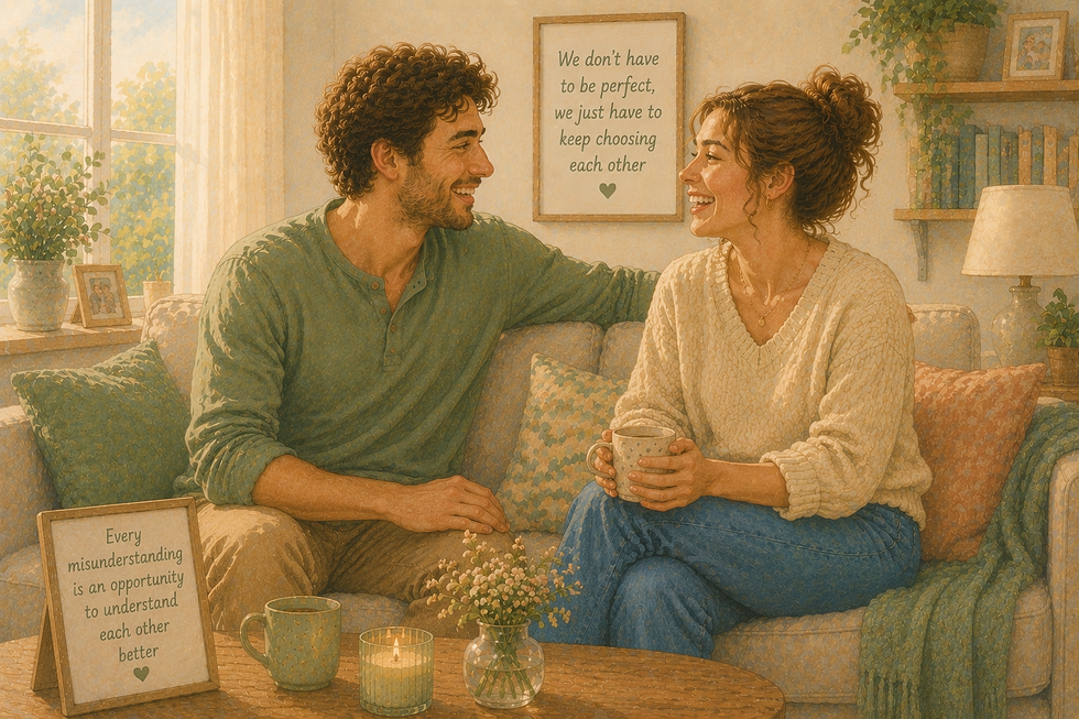 Illustrated man and woman laughing together in a cosy pastel-coloured home after resolving a misunderstanding, showing warmth, connection and emotional closeness.