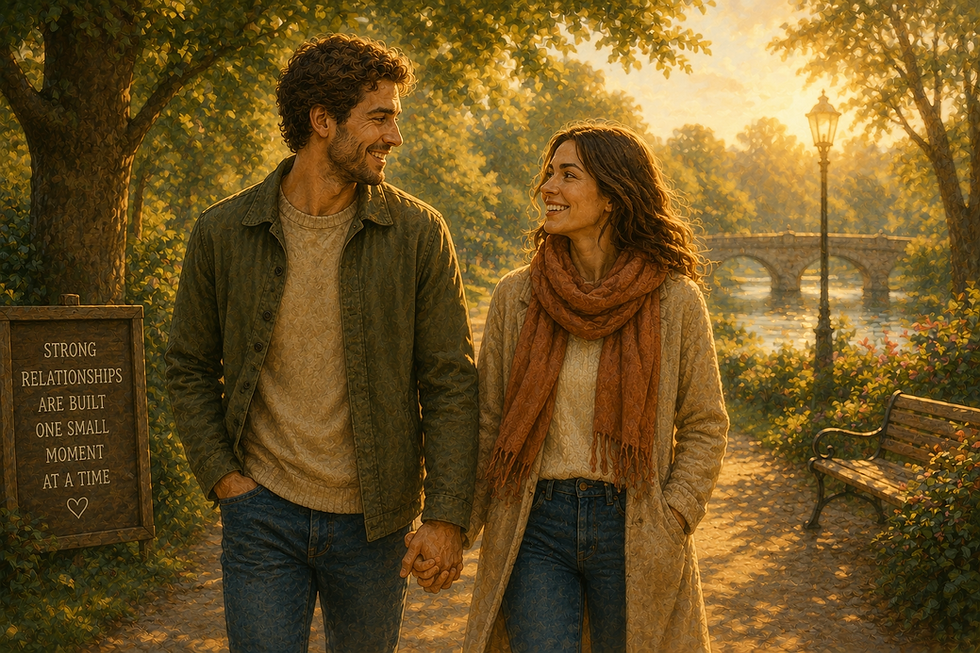 Illustrated man and woman walking hand in hand through a peaceful park at sunset, representing healthy relationships, connection and happiness.