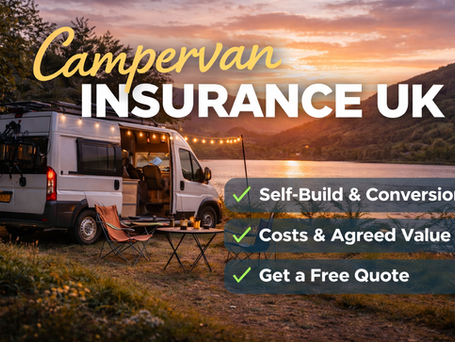 Campervan parked by a lake in the UK with text highlighting campervan insurance for self-build and converted vans