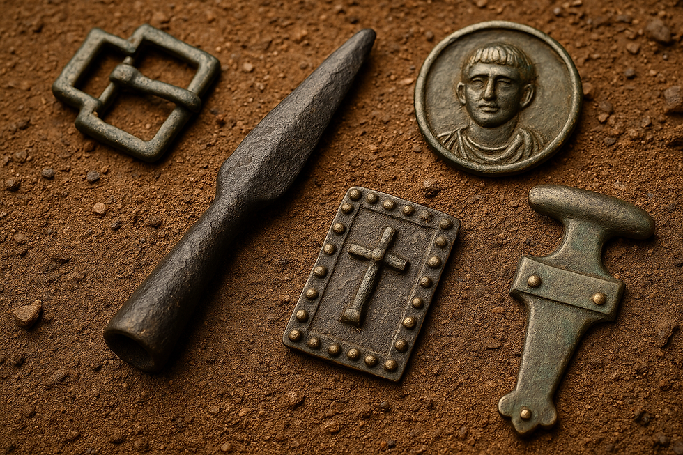 Ancient artifacts on brown soil: a buckle, spearhead, medallion, cross plaque, and bronze blade. Rustic and historic ambiance.