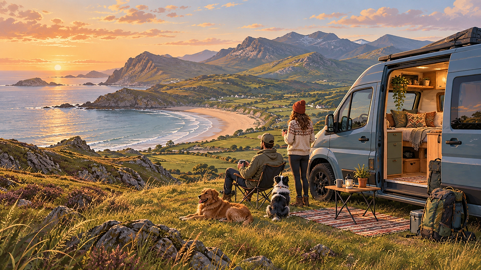 Pastel illustration of a campervan overlooking the Welsh coast and mountains with two people and two dogs at sunset.