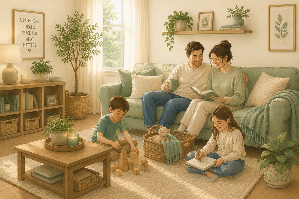 Illustrated family enjoying a bright, organised living room with soft pastel colours, natural light and a calm, clutter-free atmosphere.