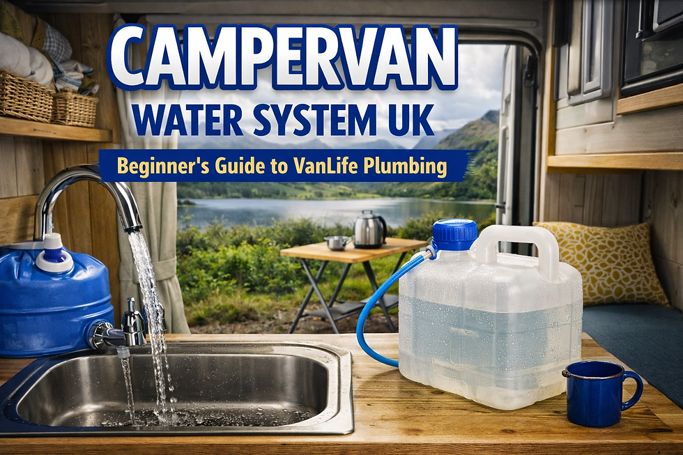 Campervan water system setup inside a UK campervan showing sink, fresh water containers and 12V pump for campervan plumbing beginner guide