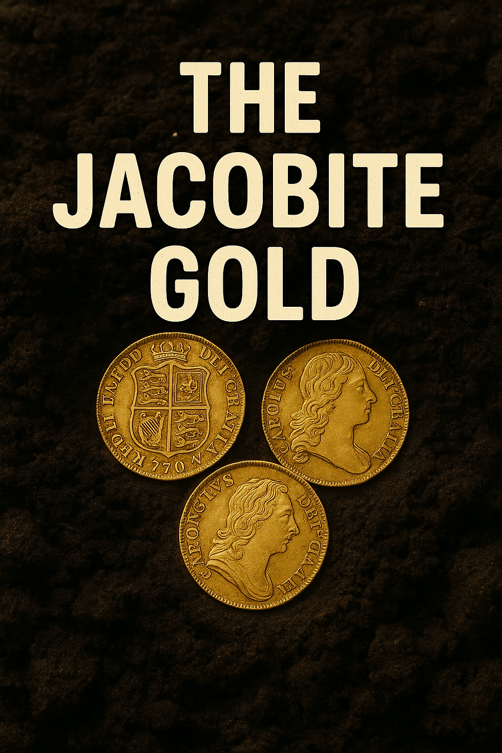 Gold coins on dark background with "The Jacobite Gold" text. Three antique coins show detailed engravings, creating a historical vibe.