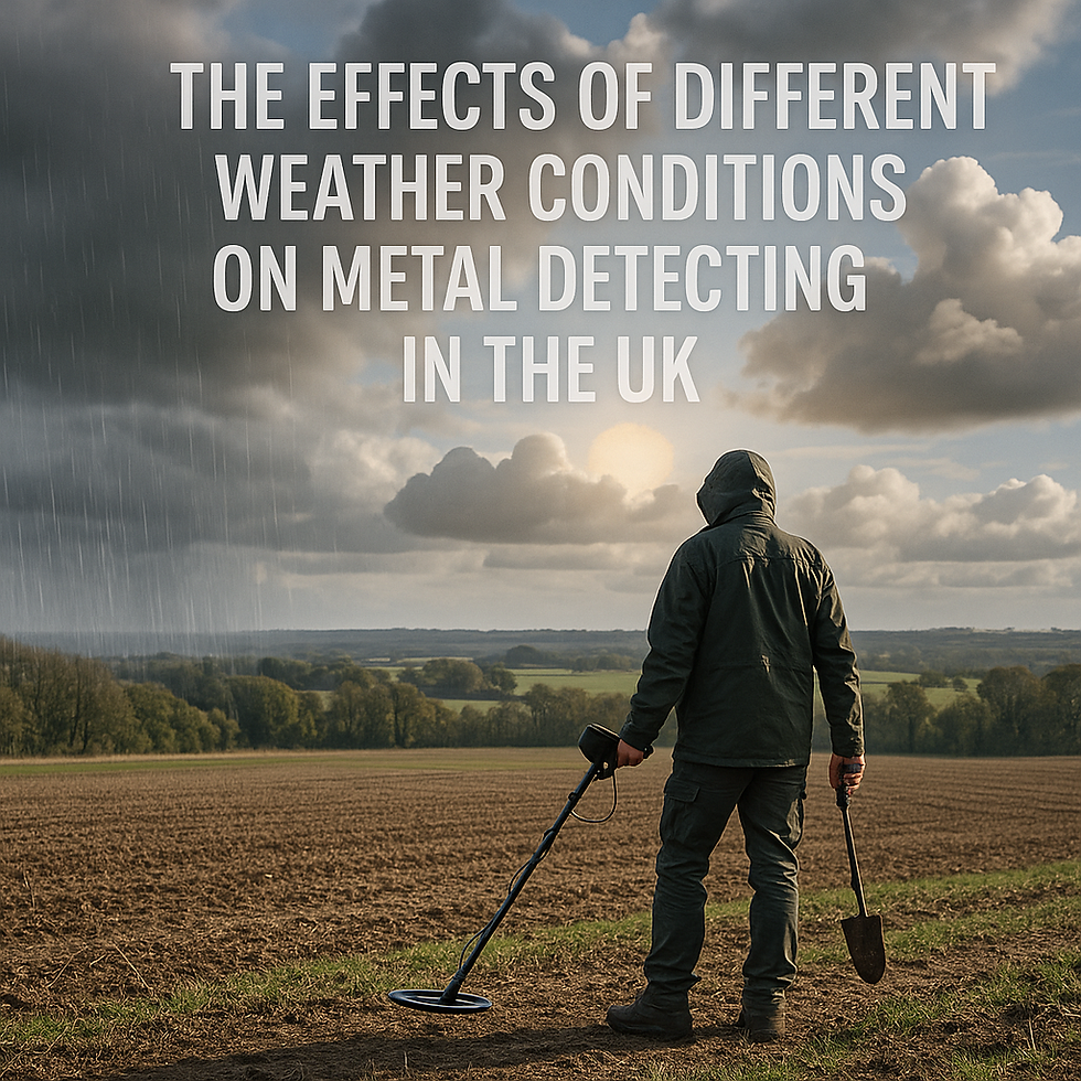 Person metal detecting in a field under a cloudy sky with rain. Text reads: "The Effects of Different Weather Conditions on Metal Detecting in the UK."