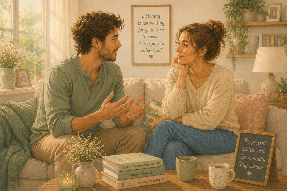 Illustrated man listening attentively while a woman speaks in a cosy pastel-coloured home, demonstrating healthy communication and understanding in a relationship.