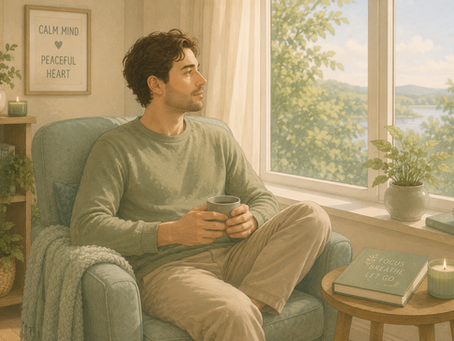Illustrated man sitting peacefully by a window with a cup of tea, surrounded by soft pastel colours, plants and natural light, reflecting calmly.