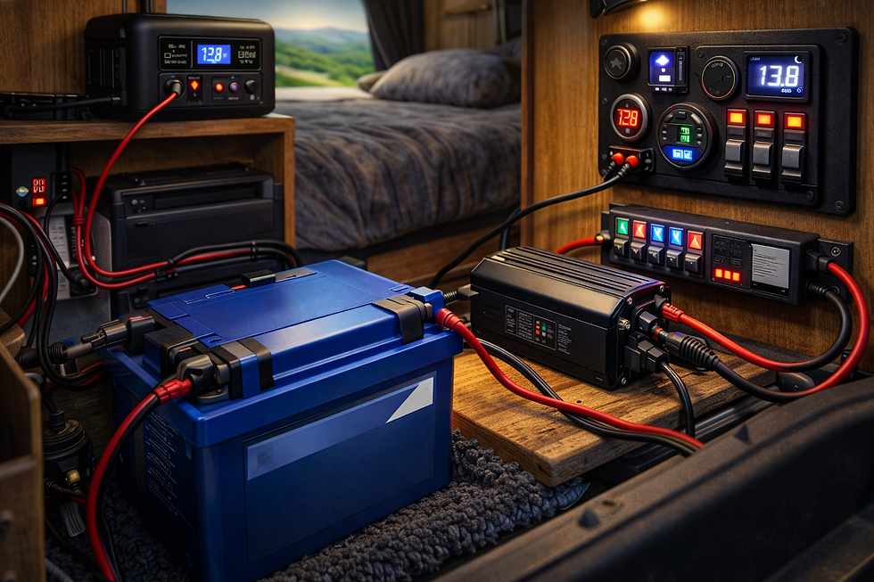 Campervan electrical setup showing lithium leisure battery connected to DC-DC charger and power control panel inside a UK campervan conversion