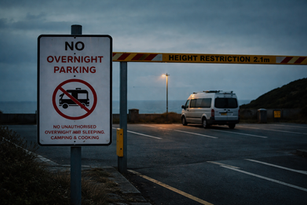 No overnight parking sign and height restriction barrier affecting campervan parking in the UK
