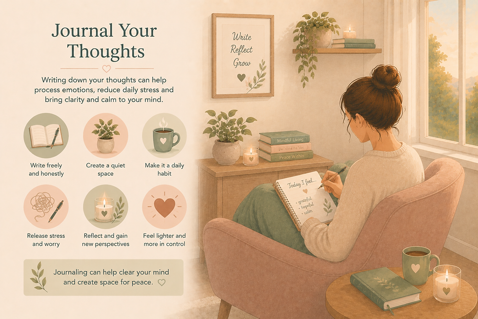Woman journals in a cozy sunlit room; poster reads Write Reflect Grow, with plants, candles, books, and journaling tips.