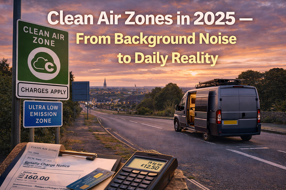 Clean Air Zone street sign, van parked at sunset, clipboard with a penalty notice, and card reader showing £12.50. Text: Clean Air Zones in 2025.