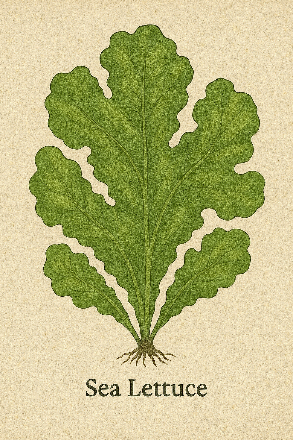 Illustration of green sea lettuce on a beige background. The text "Sea Lettuce" is at the bottom in bold font.