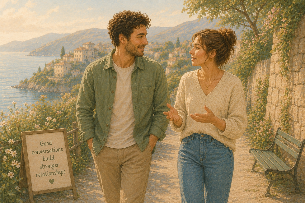 Illustrated man and woman walking together through a peaceful park in soft pastel colours, enjoying a calm conversation and strengthening their relationship.