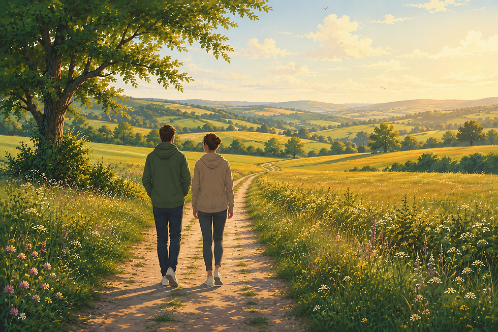 Man and woman walking through a peaceful open field surrounded by wildflowers and countryside scenery.
