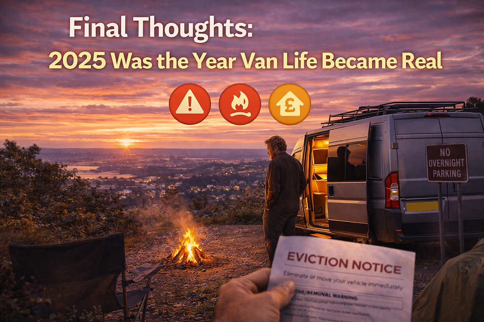 Man by van at sunset, fire burning, holding eviction notice. Text: "Final Thoughts: 2025 Was the Year Van Life Became Real."