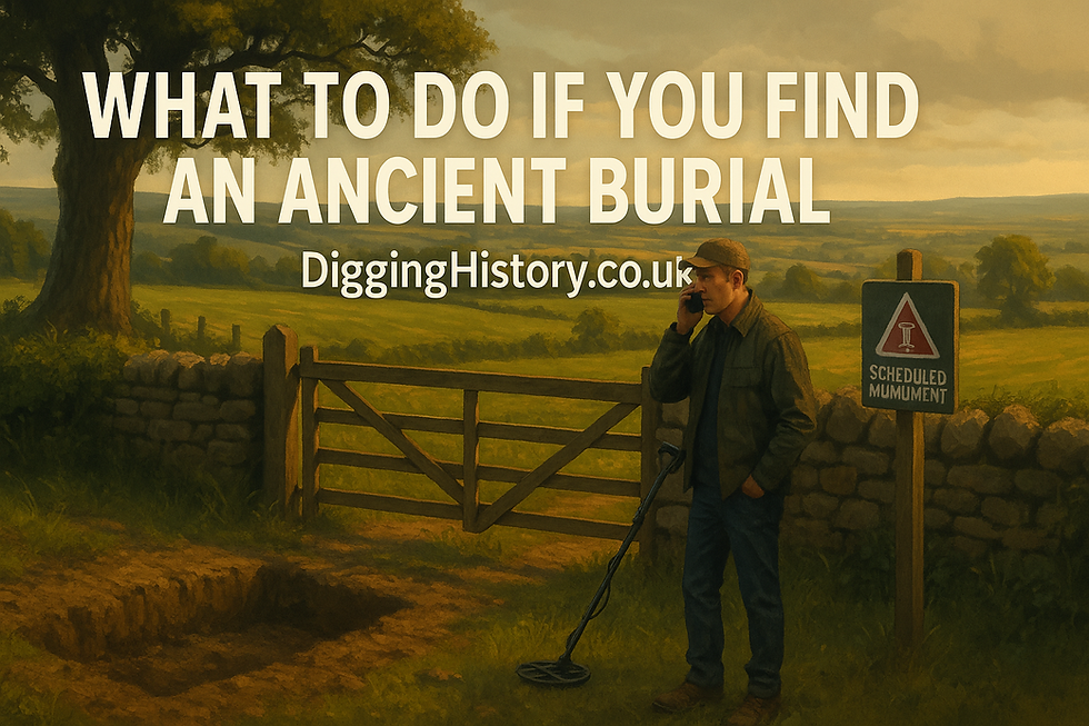 Man with metal detector on phone near ancient burial site, rural landscape. Text: "What to do if you find an ancient burial."