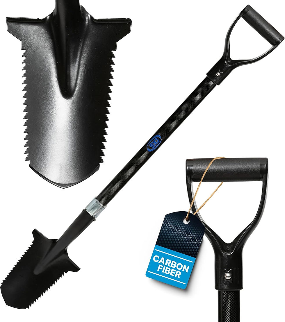Black carbon fiber shovel with a serrated edge, close-ups of the handle and blade. A hanging tag reads "CARBON FIBER" in blue and white.