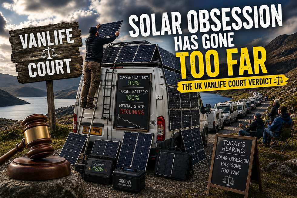 Man installs a solar panel on a van in a mountain roadside scene; signs read Vanlife Court and Solar Obsession Has Gone Too Far.