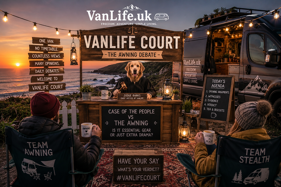 “VanLife.uk Vanlife Court campervan awning debate illustration”