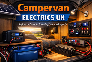 Campervan electrical system setup inside a UK campervan showing leisure battery, solar panel, fuse box and power control panel for beginner campervan electrics guide