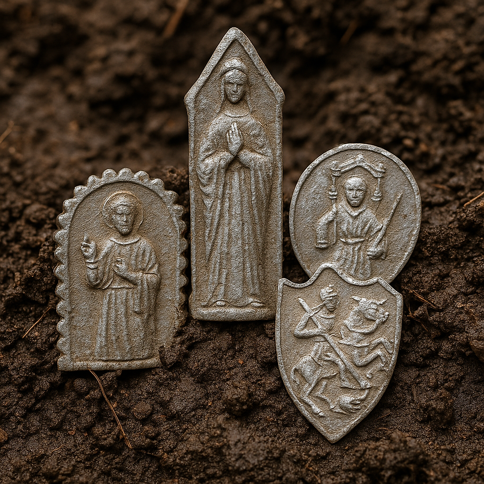 Four metal saints medallions with intricate engravings on dark soil. Detailed religious figures, serene mood, earthy background.