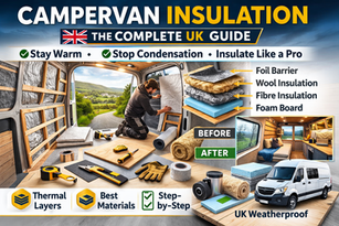 Campervan insulation installation inside a van showing wool insulation, foil barrier and foam board materials used for UK campervan conversions