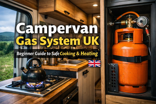 Campervan gas system UK kitchen setup showing LPG hob and safe cooking layout inside a converted van