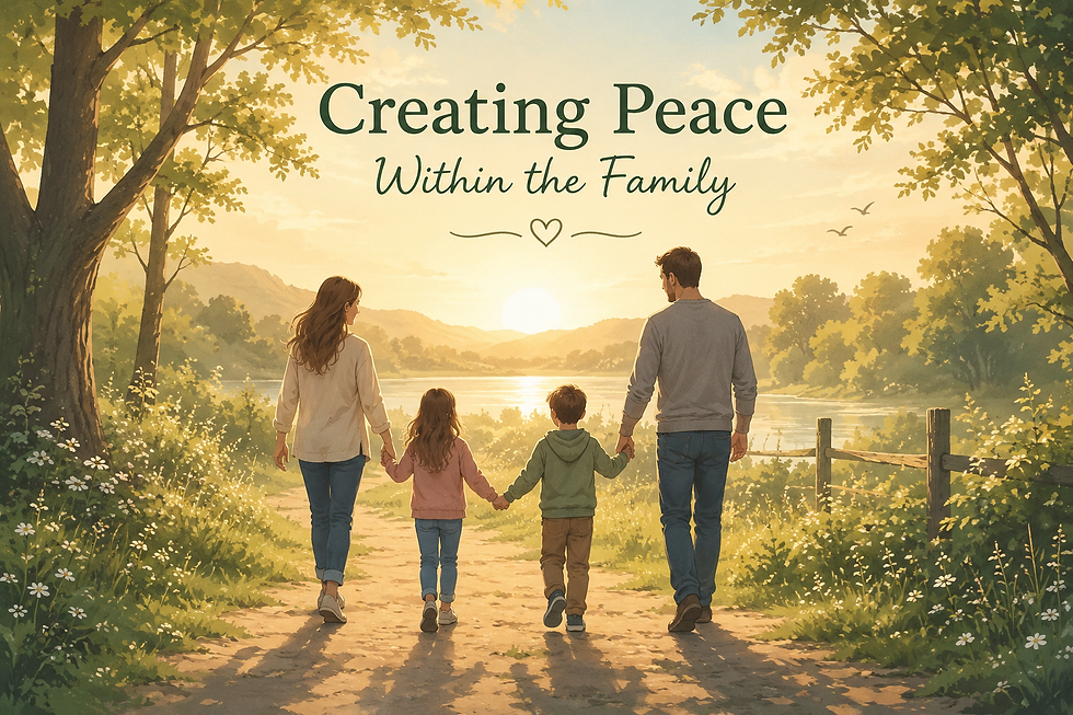 Illustrated peaceful family relaxing together in nature, representing creating peace within the family through love, connection and harmony.