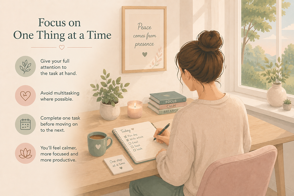 Infographic on reducing daily stress beside a woman in pink sweater holding tea in a cozy room; tips and calm pastel icons.
