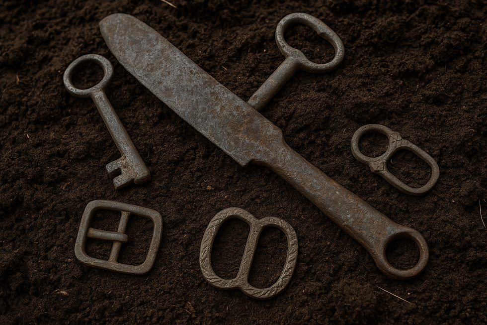 Rusty metal knife, keys, and buckles scattered on dark soil, evoking an antique or archaeological feel. No visible text.