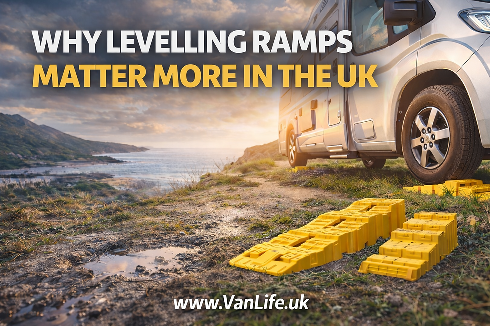 Campervan parked on yellow levelling ramps overlooking a UK coastal landscape with bold text “Why Levelling Ramps Matter More in the UK” and www.VanLife.uk