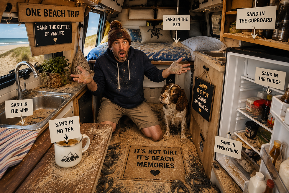 Funny British campervan interior completely covered in beach sand, with a shocked vanlifer discovering sand in the bed, sink, fridge and tea after a seaside trip.