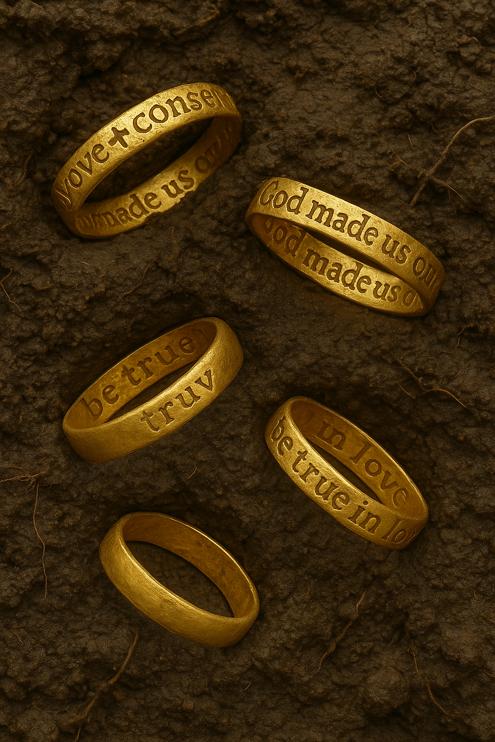 Five gold rings with engraved texts like "love + consen" and "be true" rest on dark soil, creating an ancient, contemplative mood.
